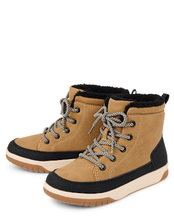 Boys Sherpa Lined Sneaker Boots - TAN