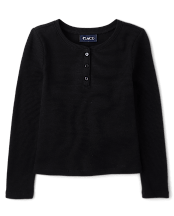 Girls Thermal Henley Top - BLACK