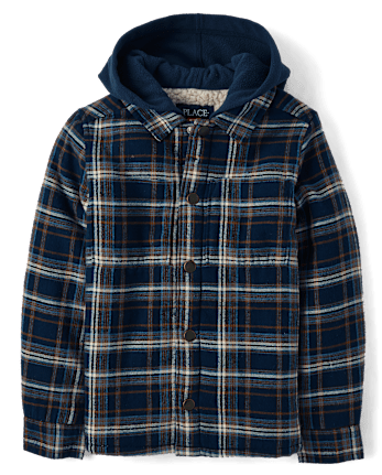 Boys Plaid Sherpa Lined Hooded Shacket - TIDAL