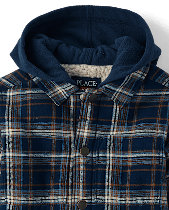 Boys Plaid Sherpa Lined Hooded Shacket - TIDAL