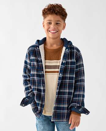 Boys Plaid Sherpa Lined Hooded Shacket - TIDAL