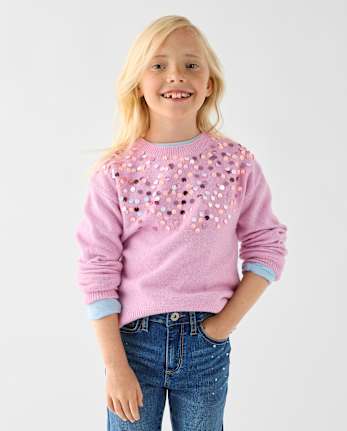 Girls Embellished Icon Sweater - LACE PINK CL