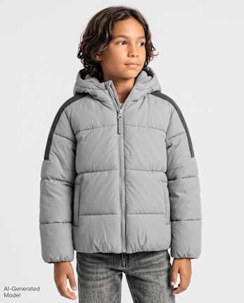 Boys Pieced Microfleece Lined Hooded Puffer Jacket - WEATHERED STEEL