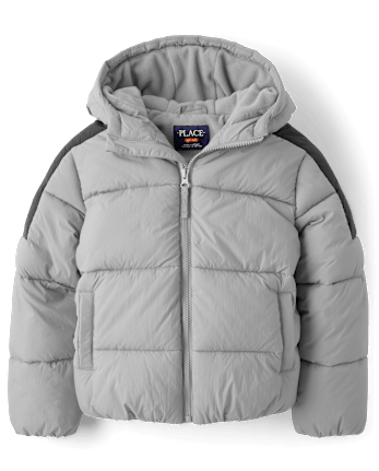 Boys Pieced Microfleece Lined Hooded Puffer Jacket - WEATHERED STEEL