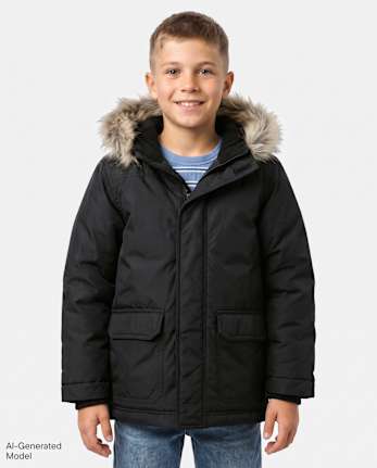 Boys Microfleece Lined Hooded Parka Jacket - BLACK