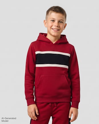 Boys Colorblock Premium Fleece Hoodie - RED OCHRE