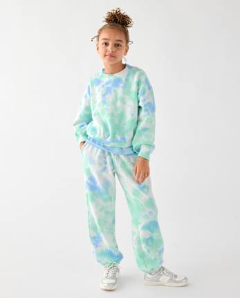 Girls Tie Dye Premium Fleece Baggy Jogger Pants - GLOBE BLUE
