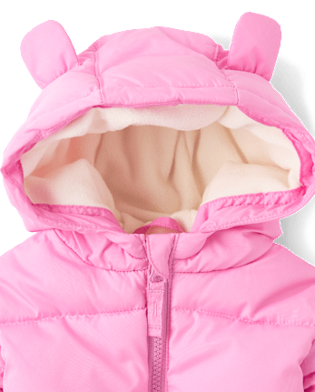 Baby Girls Bear Microfleece Lined Hooded Puffer Jacket - PERFECTLY PINK
