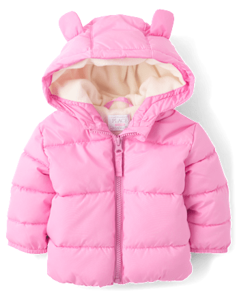 Baby Girls Bear Microfleece Lined Hooded Puffer Jacket - PERFECTLY PINK