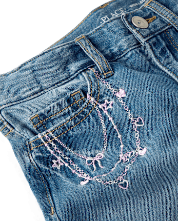 Girls Embroidered Chain Wide Leg Jeans - MINA WASH