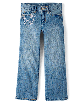 Girls Embroidered Chain Wide Leg Jeans - MINA WASH