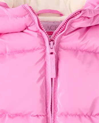 Girls High Shine Microfleece Lined Hooded Puffer Jacket - PERFECTLY PINK