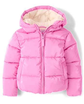 Girls High Shine Microfleece Lined Hooded Puffer Jacket - PERFECTLY PINK