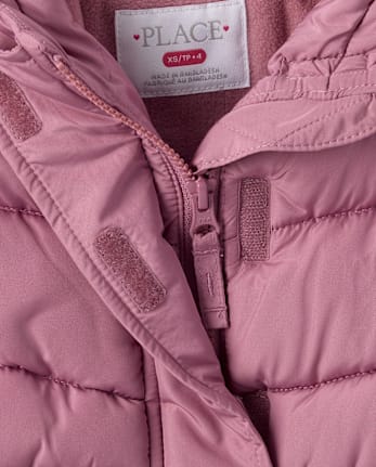 Girls Microfleece Lined Hooded Mid Length Puffer Jacket - PURPLE THISTLE