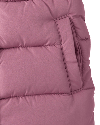 Girls Microfleece Lined Hooded Mid Length Puffer Jacket - PURPLE THISTLE