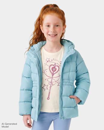 Girls Microfleece Lined Hooded Mid Length Puffer Jacket - BLUE AIR