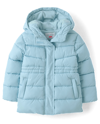 Girls Microfleece Lined Hooded Mid Length Puffer Jacket - BLUE AIR
