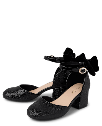 Girls Glitter Bow Block Heels - BLACK
