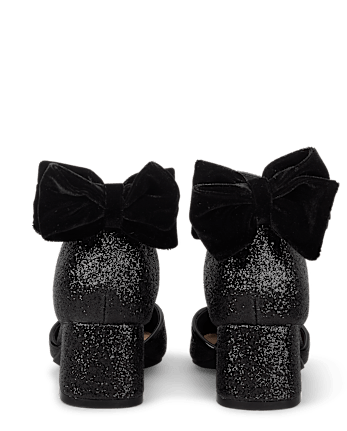 Girls Glitter Bow Block Heels - BLACK
