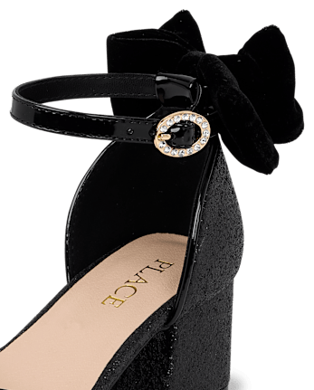 Girls Glitter Bow Block Heels - BLACK