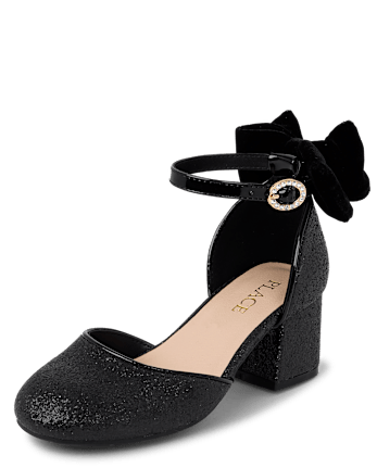 Girls Glitter Bow Block Heels - BLACK
