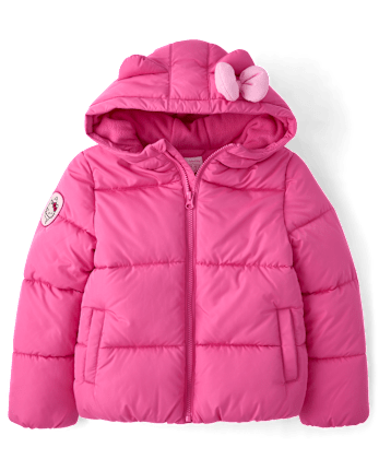 Girls Hello KittyÂ® Applique Microfleece Lined Hooded Puffer Jacket - SUGARCANDY
