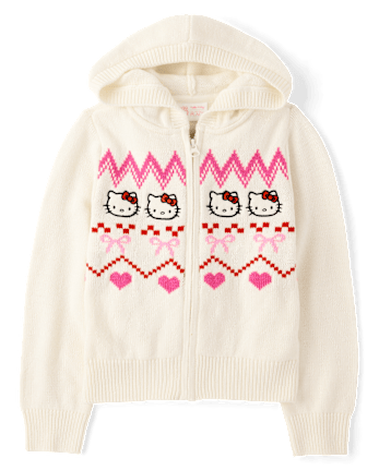 Girls Hello KittyÂ® Embroidered Fairisle Zip Up Sweater Hoodie - FAIR IVORY