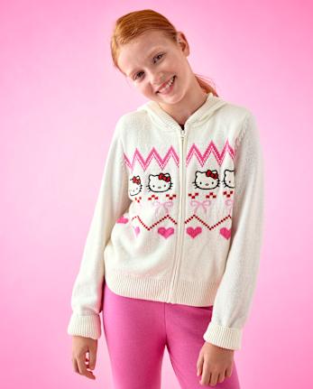 Girls Hello KittyÂ® Embroidered Fairisle Zip Up Sweater Hoodie - FAIR IVORY