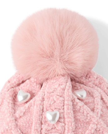 Girls Pearl Cable Knit Pom Pom Beanie - LT PINK