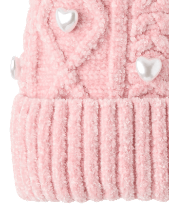 Girls Pearl Cable Knit Pom Pom Beanie - LT PINK