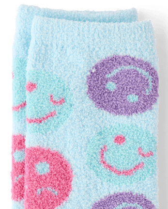 Girls Happy Face Cozy Socks - ARCHERY BLUE NEON