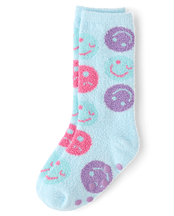 Girls Happy Face Cozy Socks - ARCHERY BLUE NEON