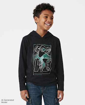 Boys Graphic Hooded Top - BLACK