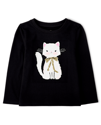 Baby And Toddler Girls Glitter Cat Graphic Tee - BLACK