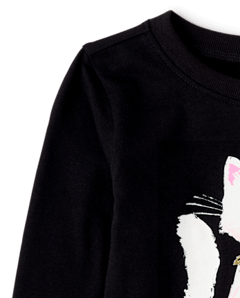 Baby And Toddler Girls Glitter Cat Graphic Tee - BLACK