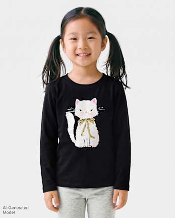 Baby And Toddler Girls Glitter Cat Graphic Tee - BLACK