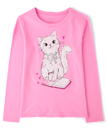 Girls Book Cat Graphic Tee - PERFECTLY PINK