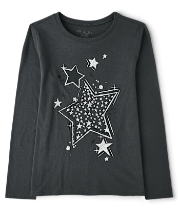 Girls Glitter Stars Graphic Tee - MOTOROIL