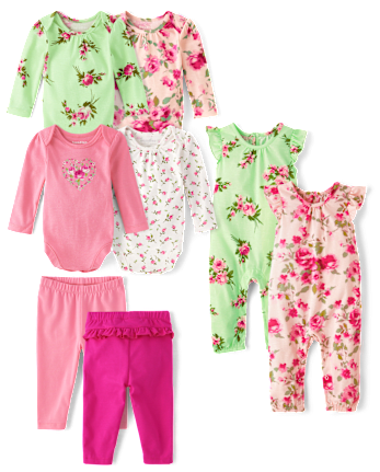 Baby Girls Outfit Set - Pink & Green Floral Collection