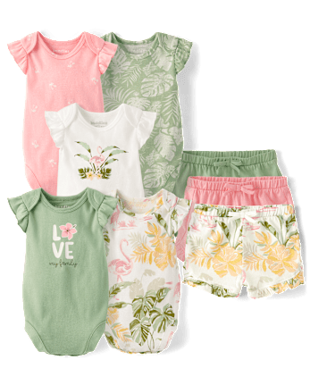 Baby Girls Outfit Set - Green Tropical Leaf Collection