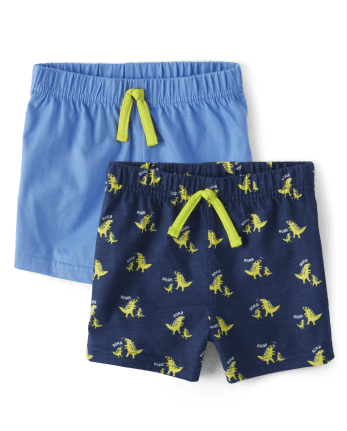 Babyhug Knit Shorts Dino & Text Print Pack of 2 - Sky Blue Coral