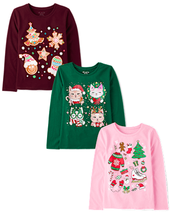 Girls Christmas Doodle Graphic Tee 3-Pack