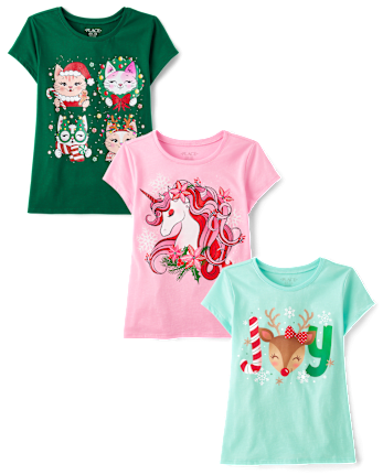 Girls Christmas Animal Graphic Tee 3-Pack