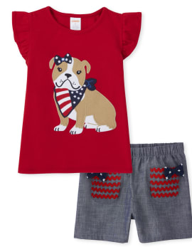 Girls Dog Flutter Top And Embroidered Chambray Shorts Set - American Cutie - multi clr