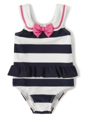 Girls Striped One Piece Swimsuit - Playful Poppies