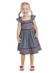 Girls Embroidered Chambray Dress - Very Cherry