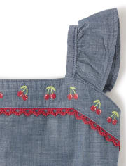 Girls Embroidered Chambray Dress - Very Cherry