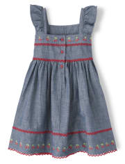 Girls Embroidered Chambray Dress - Very Cherry