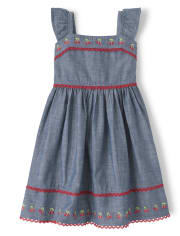 Girls Embroidered Chambray Dress - Very Cherry