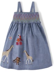 Girls Embroidered Chambray Smocked Dress - Summer Safari